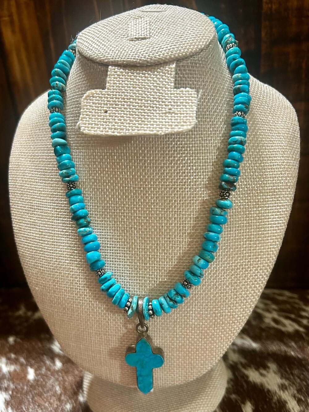 Paige Wallace Turquoise Beaded Necklace with Cross Pendant